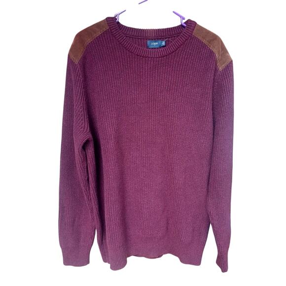 J Crew Sweater Mens CL Burgandy Red Classic Suede Shoulder Patch Ribbed Crew - Picture 1 of 11